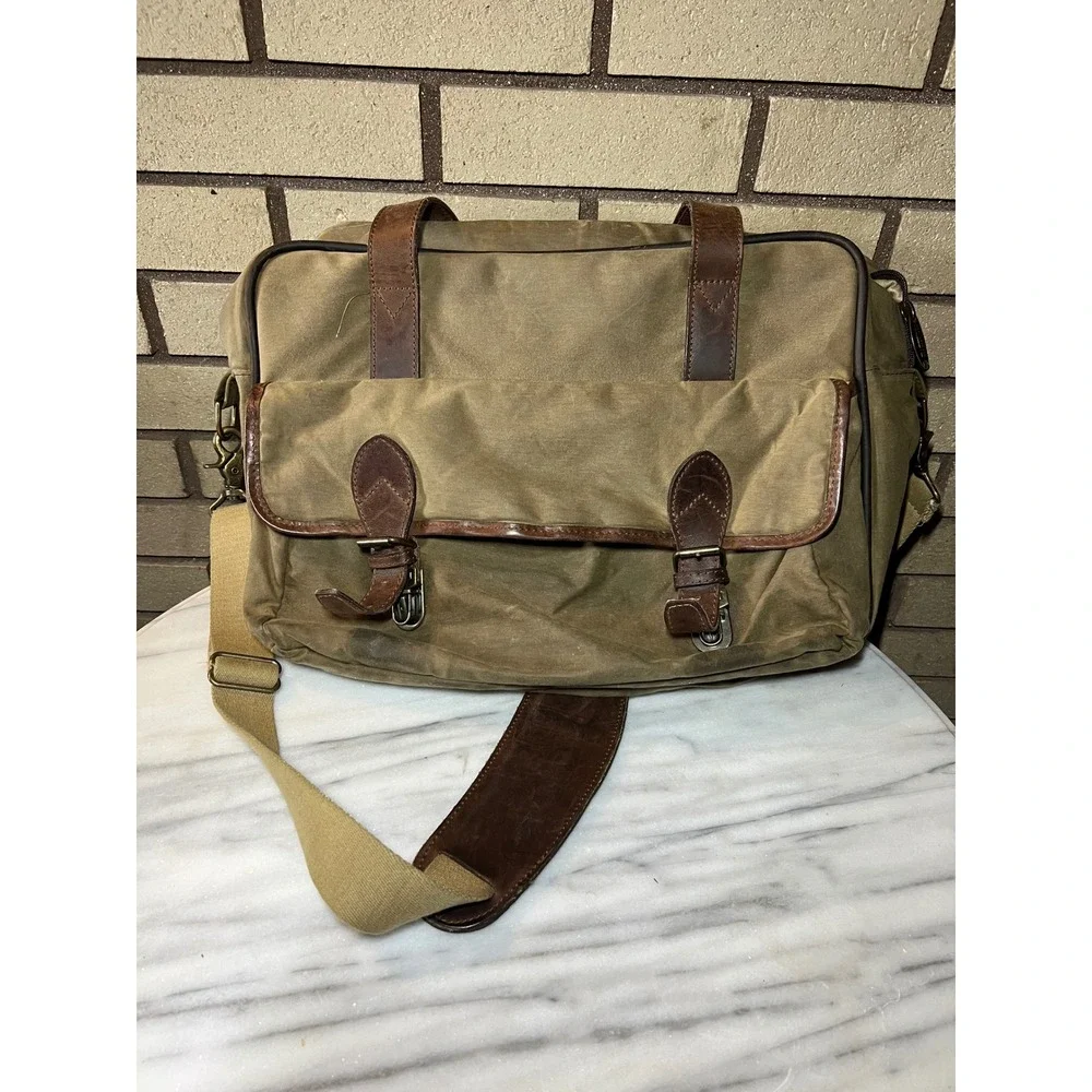 Schlesinger Messenger Laptop Bag VTG Waxed Canvas Briefcase Leather Trim Olive